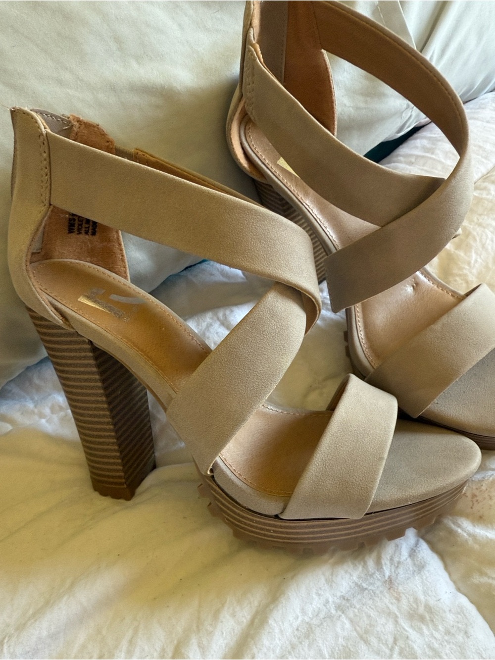 Report Nude Taupe Cross-Strap Platform Heels